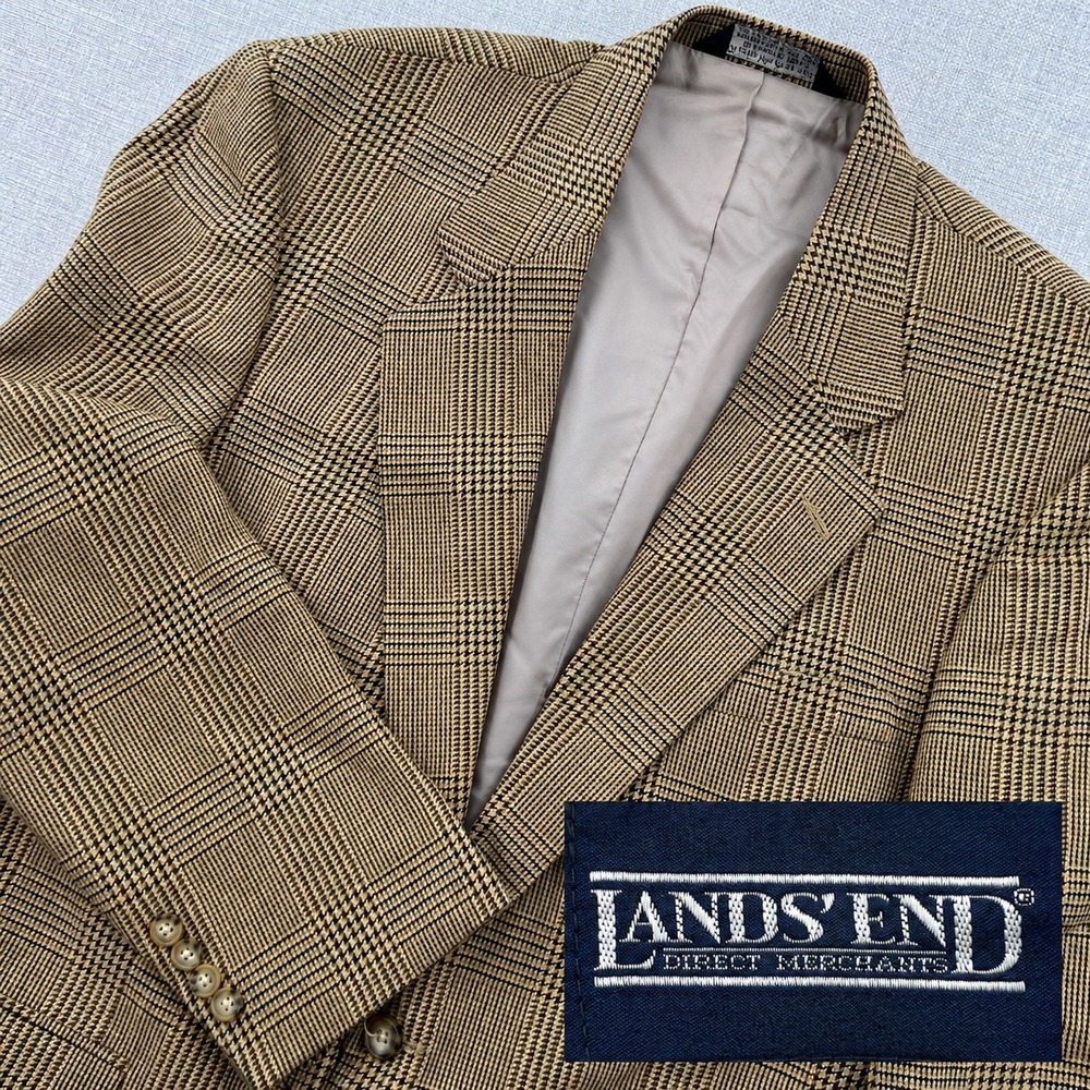 VTG 90s Lands End Silk Wool Glen Plaid Blazer Men 40R Tan Brown Ivy Prep